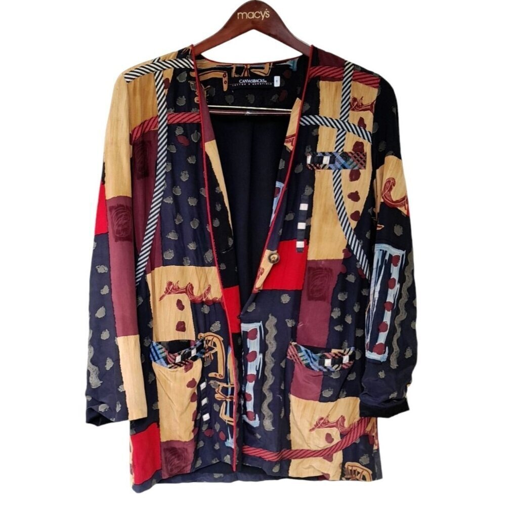 Vtg Canvasbacks Silk Patchwork Print Blazer Jacket Wearable Art  Pockets Size M